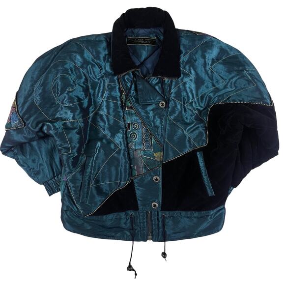 Vintage 90s Velvet Abstract Jacket XL | Teal Green Quilted Art Deco Statement - Picture 4 of 14